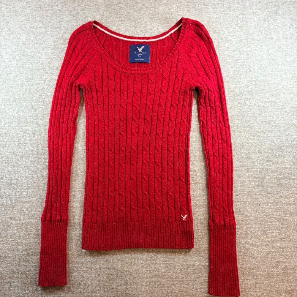 True Y2K American Eagle Red Cable Knit Scoop Neck Sweater Womens M 90 Bella Swan